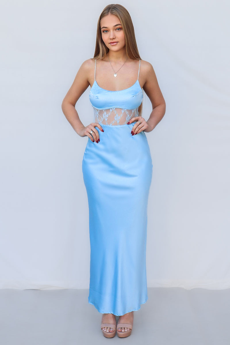Takiyah Maxi Dress - Blue Satin Semi Formal Split Lace Laceup Diamante Runway Goddess Takiyah Maxi Dress - Blue Satin Semi Formal Split Lace Laceup Diamante Runway Goddess