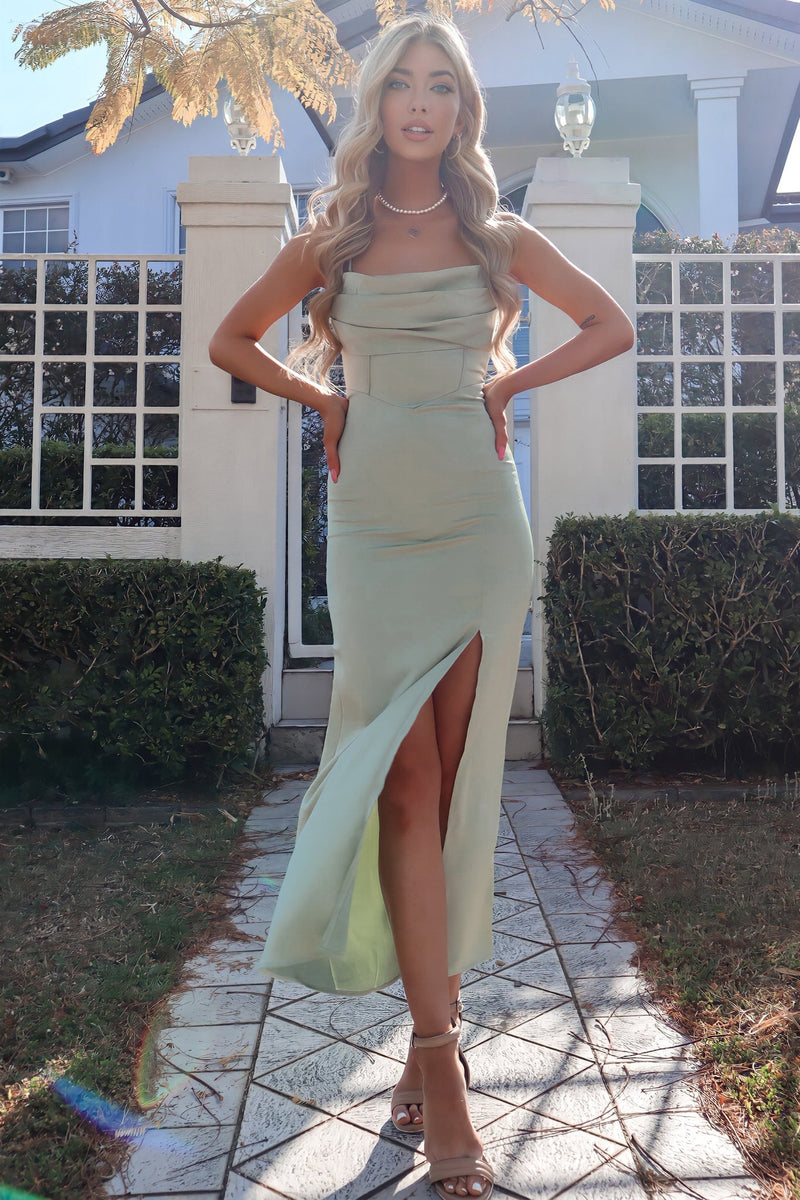 white christmas dresses Taleah Formal Dress Sage Satin Gown Corset Style Maxi with Split Runway Goddess white christmas dresses Taleah Formal Dress Sage Satin Gown Corset Style Maxi with Split Runway Goddess