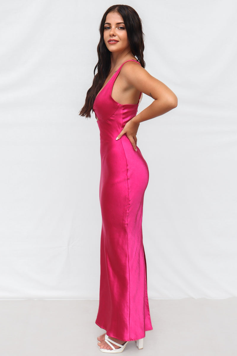 Tana Maxi Dress - Satin Hot Pink Semi Formal Cocktail Bust Cutout Gold Runway Goddess Tana Maxi Dress - Satin Hot Pink Semi Formal Cocktail Bust Cutout Gold Runway Goddess