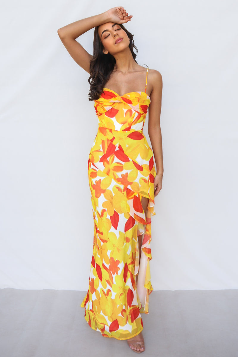 Teoni Ware Teoni Maxi Dress - Yellow Print Twist Bust Ruffle Slit Spring Picnic ...