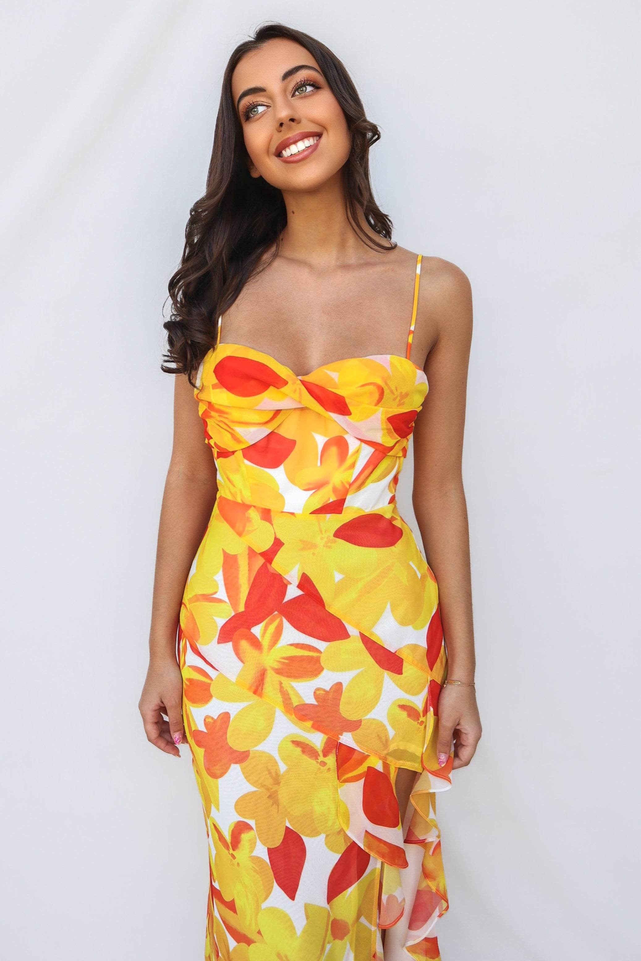 Teoni Ware Teoni Maxi Dress - Yellow Print Twist Bust Ruffle Slit Spring Picnic ...