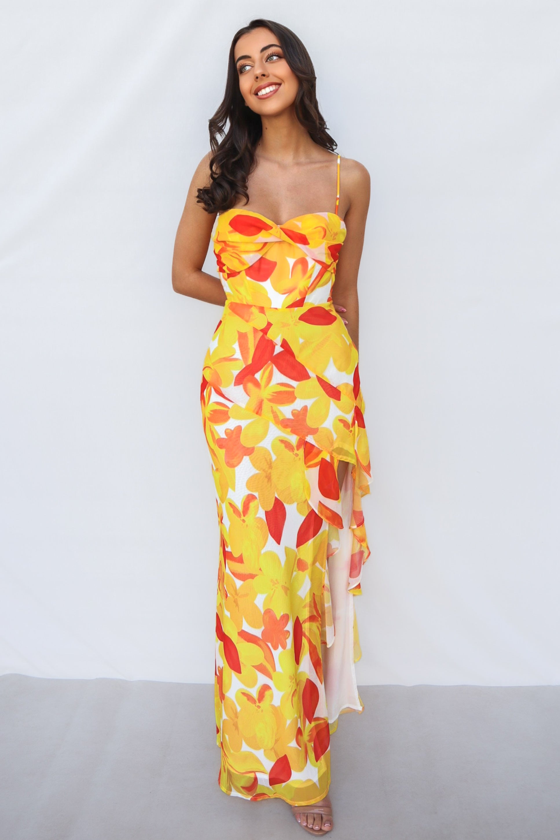 Teoni Ware Teoni Maxi Dress - Yellow Print Twist Bust Ruffle Slit Spring Picnic ...