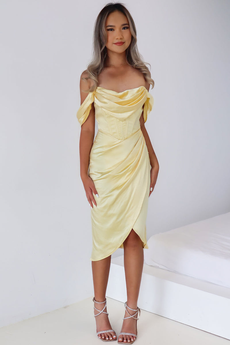 Anastasia Midi Dress - Yellow Satin Corset Off Shoulder Cowlneck Formal Runway Goddess Anastasia Midi Dress - Yellow Satin Corset Off Shoulder Cowlneck Formal Runway Goddess