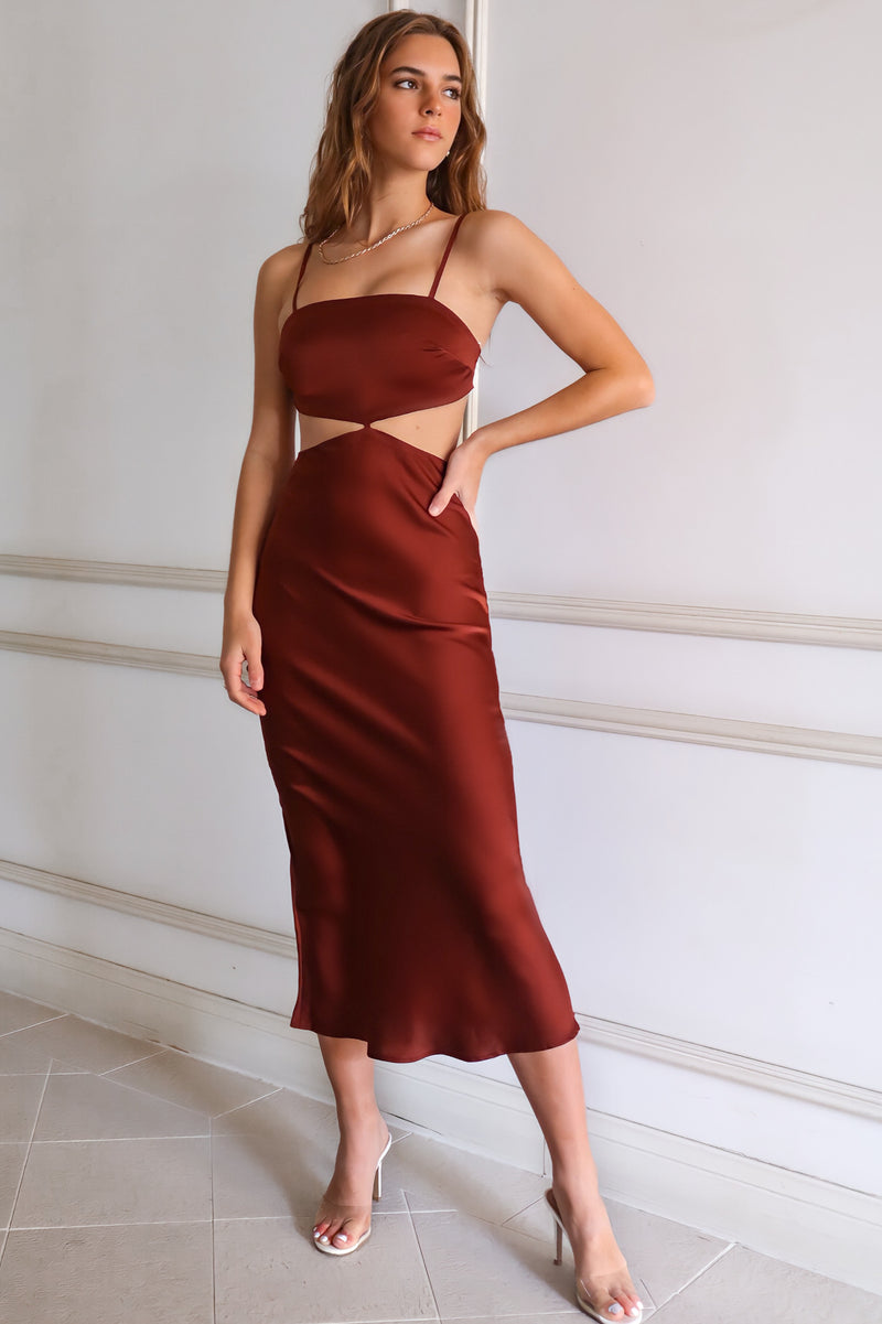 Andorra Satin Midi - Rust Cutout Semi Formal Cocktail Silky Dress Runway Goddess Andorra Satin Midi - Rust Cutout Semi Formal Cocktail Silky Dress Runway Goddess