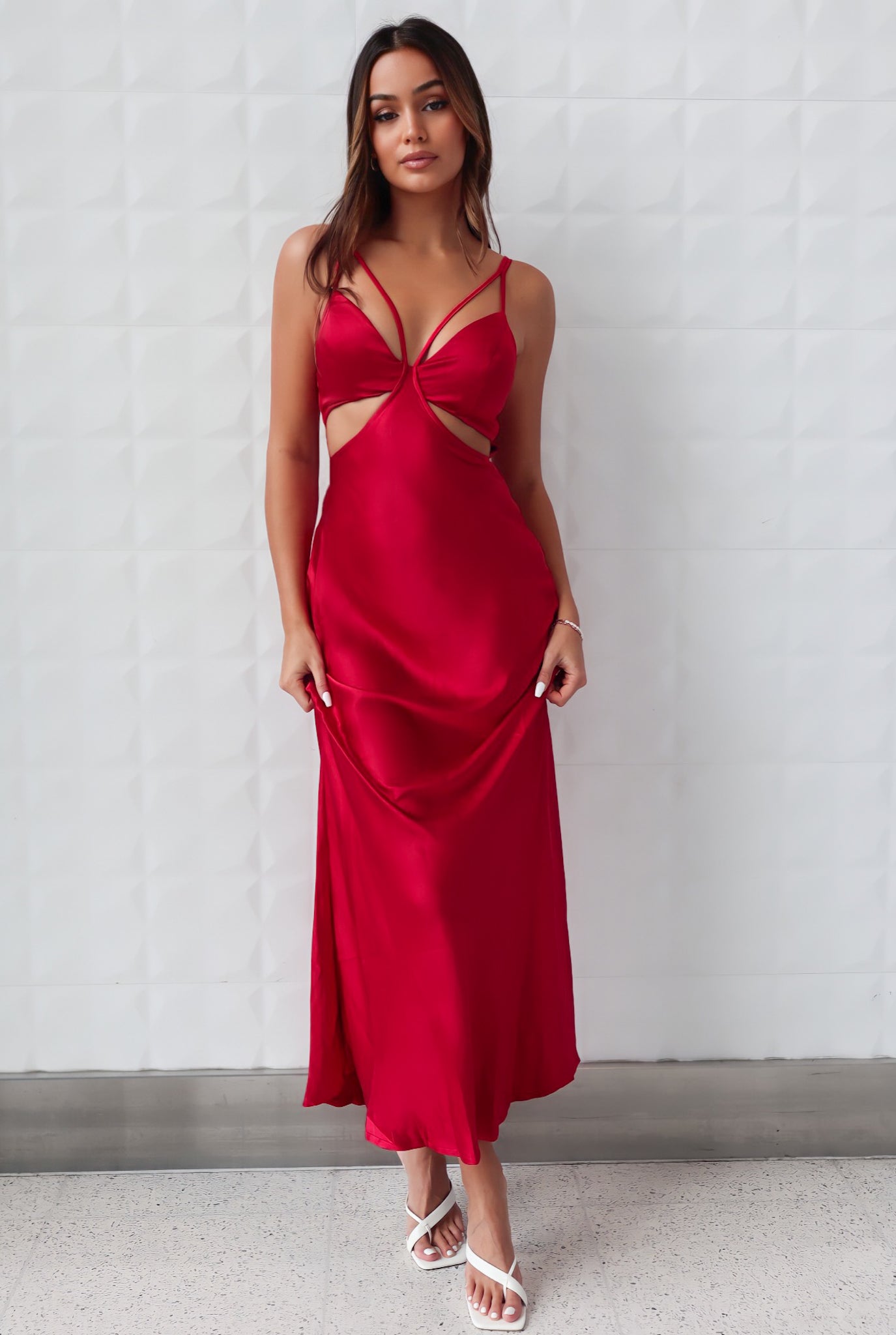 Bethany Maxi Dress - Cherry Red Semi Formal Cocktail Silk Padded Satin Runway Goddess Bethany Maxi Dress - Cherry Red Semi Formal Cocktail Silk Padded Satin Runway Goddess