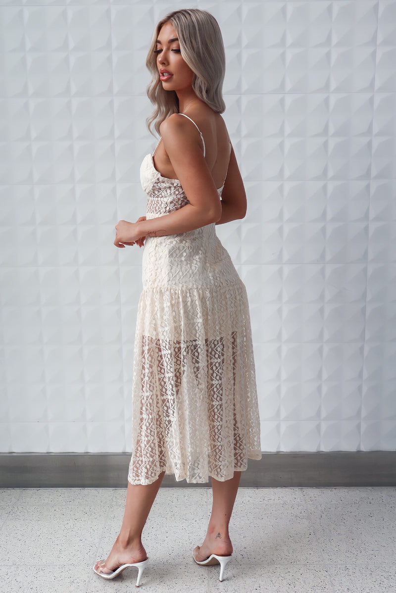 Brailey Beige Lace beautiful Padded Midi Dress Cocktail Night Out