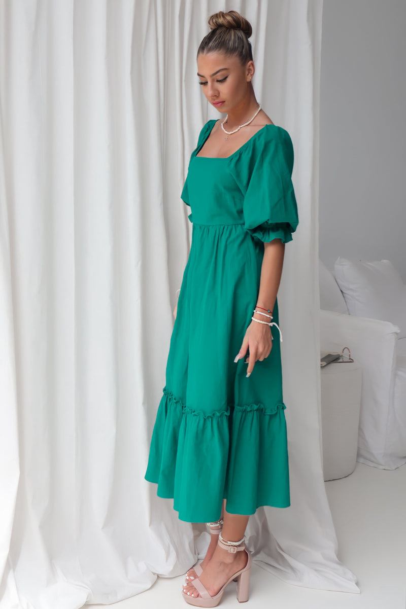 Cecilia Midi Dress - Short Sleeve Emerald Green Festival Cotton Summer Runway Goddess Cecilia Midi Dress - Short Sleeve Emerald Green Festival Cotton Summer Runway Goddess