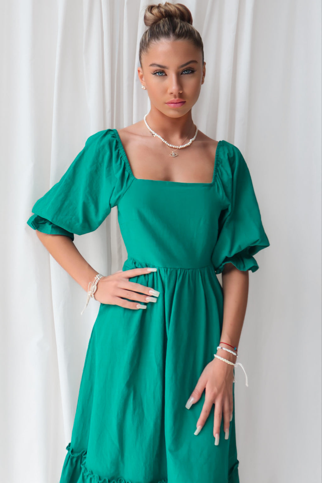 Cecilia Midi Dress - Short Sleeve Emerald Green Festival Cotton Summer Runway Goddess Cecilia Midi Dress - Short Sleeve Emerald Green Festival Cotton Summer Runway Goddess