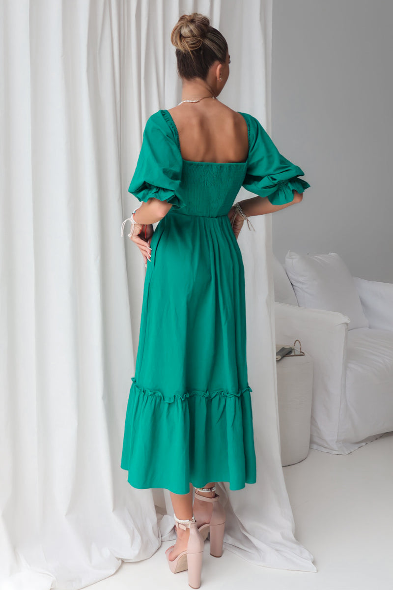 Cecilia Midi Dress - Short Sleeve Emerald Green Festival Cotton Summer Runway Goddess Cecilia Midi Dress - Short Sleeve Emerald Green Festival Cotton Summer Runway Goddess