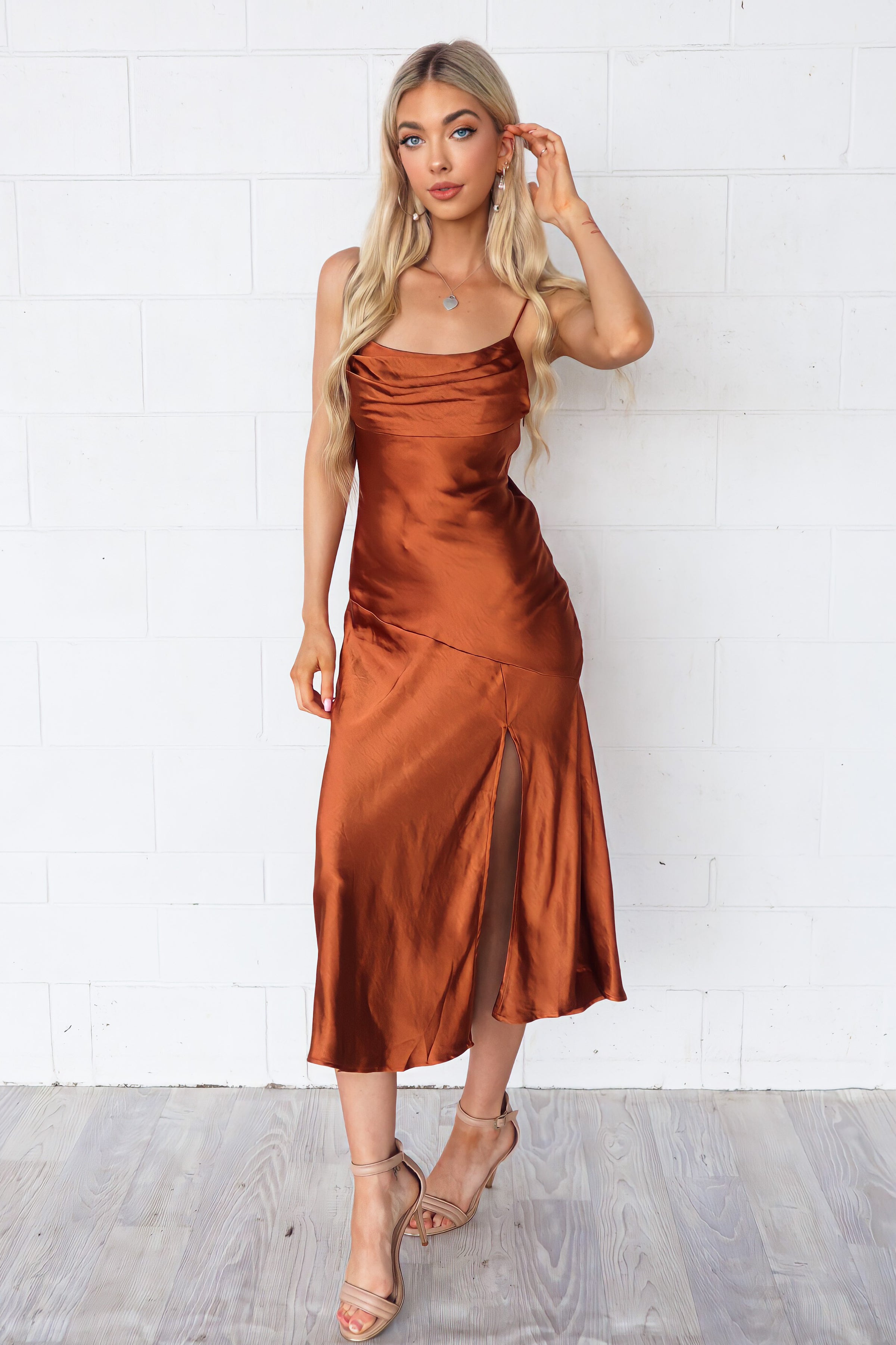 Celine Satin Midi Chocolate Rust Brown Sexy Formal Cocktail Dress Runway Goddess