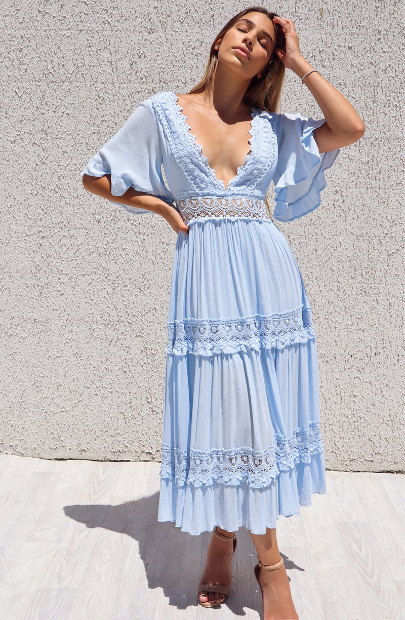 Charlotte Boho Midi - Lace Detail Cute Summer Baby Blue Beach Dress –  Runway Goddess