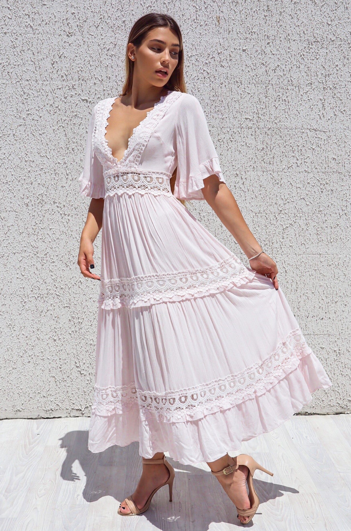 Charlotte Boho Midi - Lace Detail Cute Summer Baby Pink Beach Dress Runway Goddess Charlotte Boho Midi - Lace Detail Cute Summer Baby Pink Beach Dress Runway Goddess