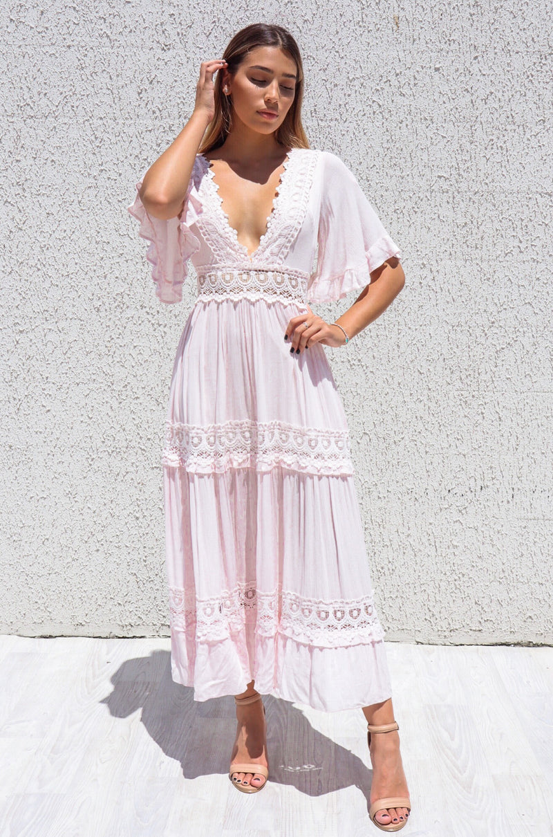 Charlotte Boho Midi - Lace Detail Cute Summer Baby Pink Beach Dress Runway Goddess Charlotte Boho Midi - Lace Detail Cute Summer Baby Pink Beach Dress Runway Goddess