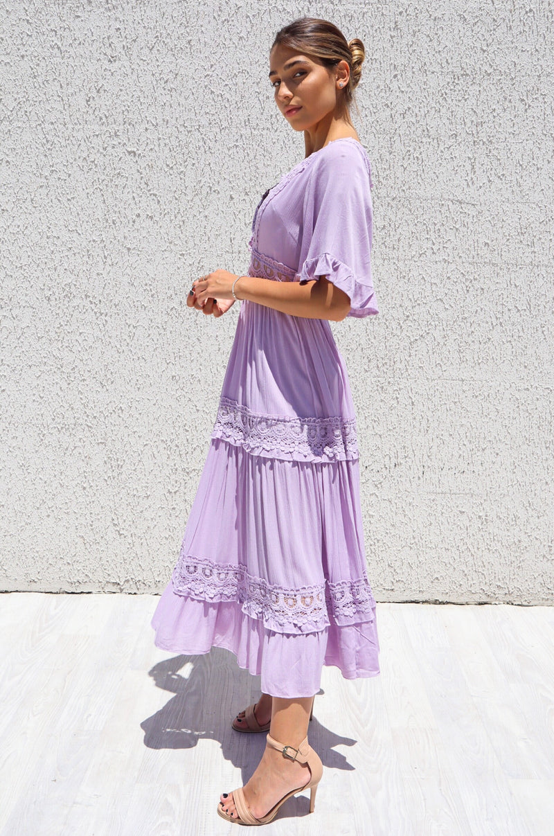 Charlotte Boho Midi - Lace Detail Cute Summer Purple Lilac Beach Dress Runway Goddess Charlotte Boho Midi - Lace Detail Cute Summer Purple Lilac Beach Dress Runway Goddess