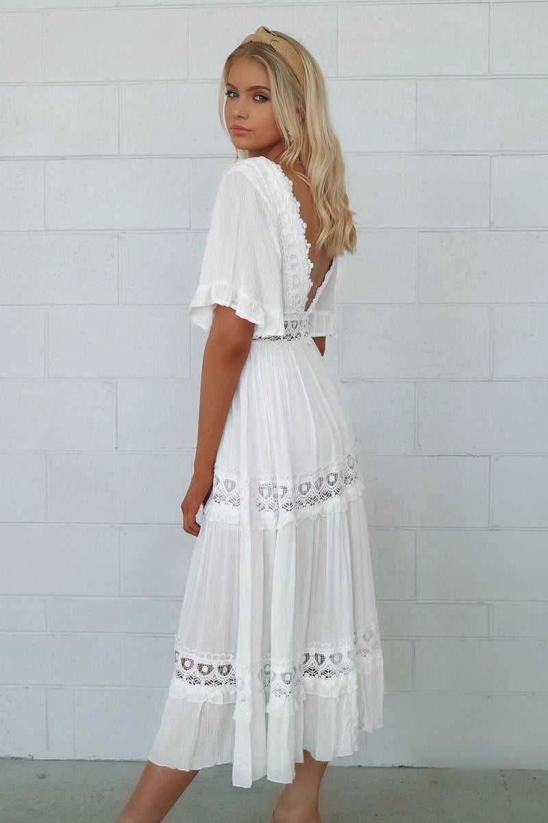 Charlotte White Lace beautiful v neck sleeved Boho Maxi Dress – Runway