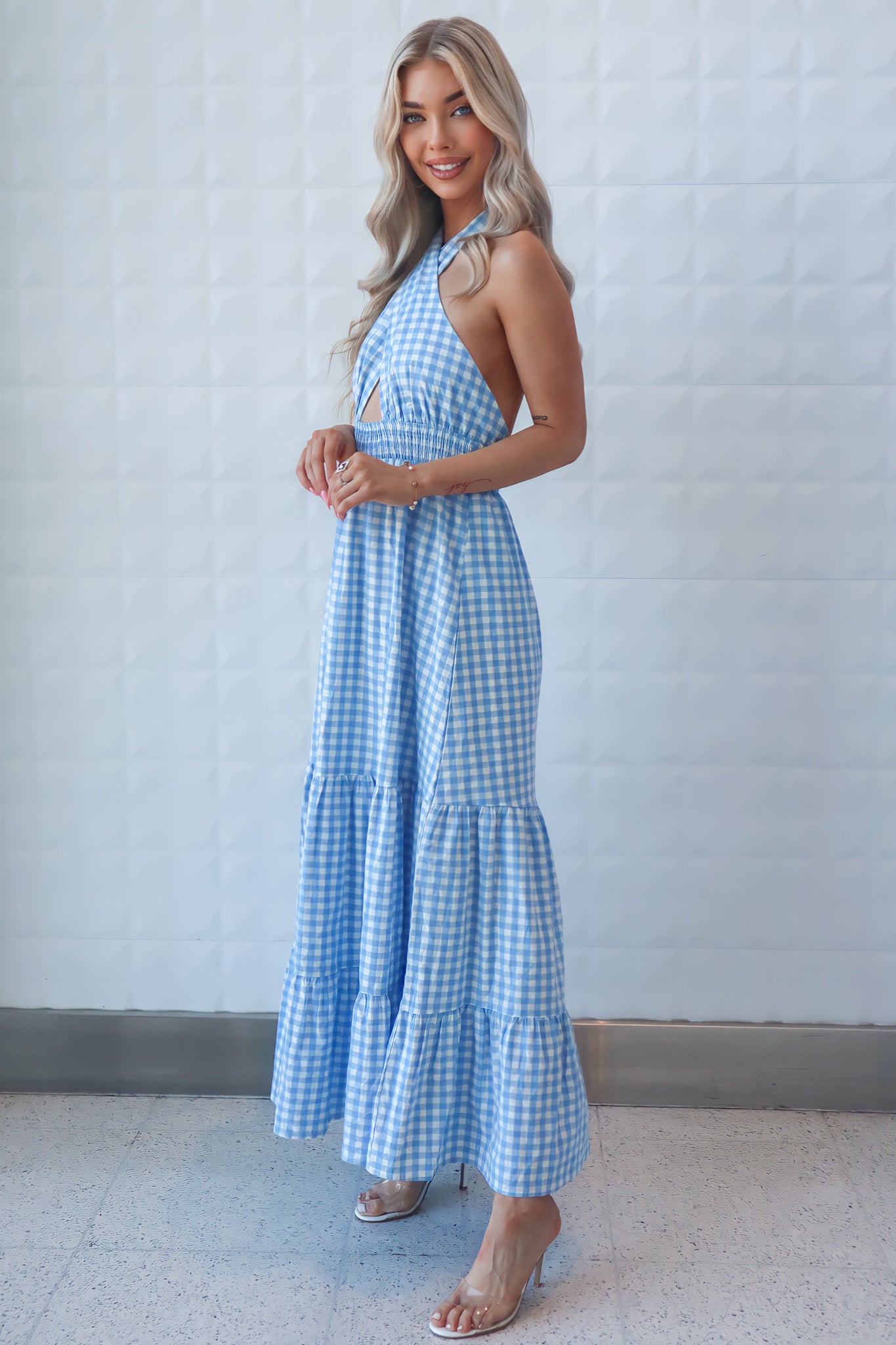 Chelsea Maxi Gingham Baby Blue and White Dress Festival Cotton Summer Runway Goddess Chelsea Maxi Gingham Baby Blue and White Dress Festival Cotton Summer Runway Goddess