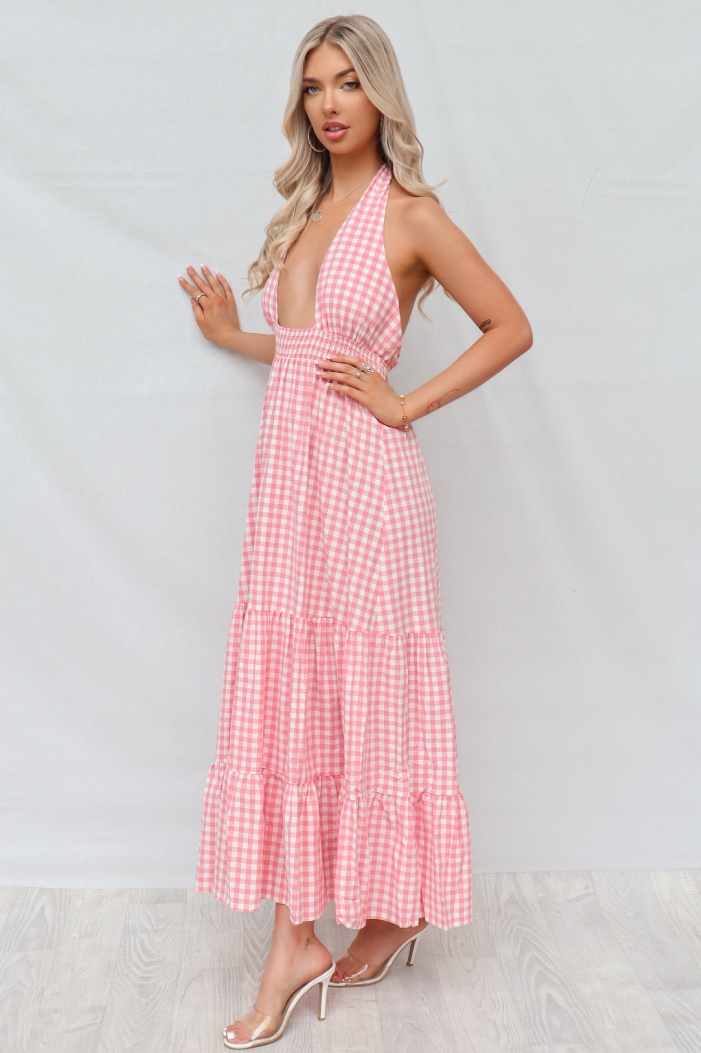 Chelsea Maxi Gingham Baby Pink and White Dress Festival Cotton Summer