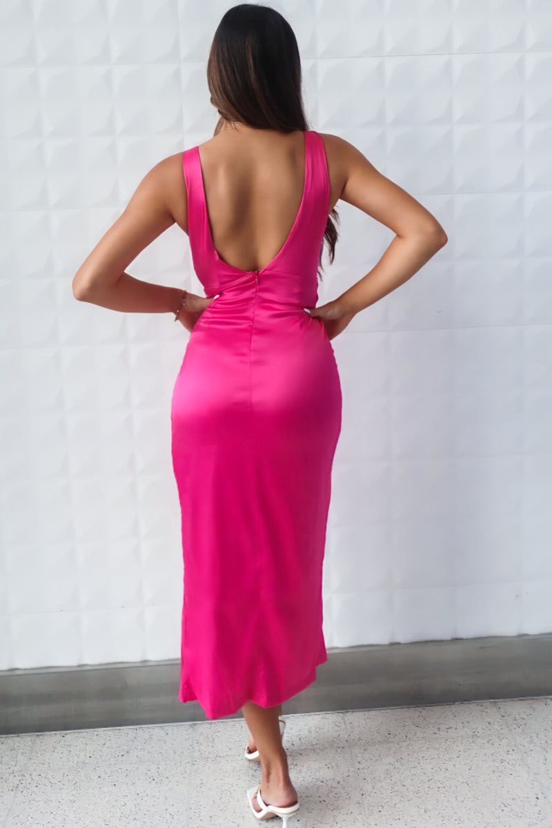 Cinderella Midi Dress - Hot Pink Satin Liquid V Neck Sexy Formal Runway Goddess Cinderella Midi Dress - Hot Pink Satin Liquid V Neck Sexy Formal Runway Goddess