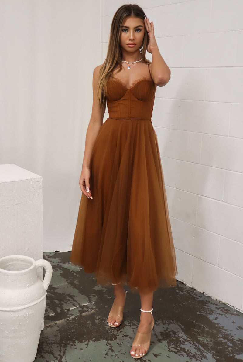 Cindy Tulle Midi - Cute Chic Corset Cups Tulle Formal Brown Dress Runway Goddess Cindy Tulle Midi - Cute Chic Corset Cups Tulle Formal Brown Dress Runway Goddess