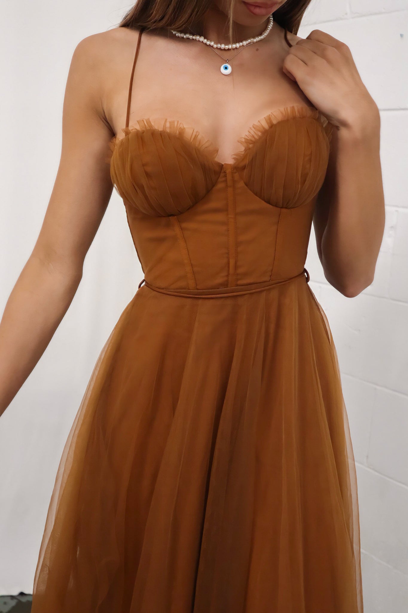 Cindy Tulle Midi - Cute Chic Corset Cups Tulle Formal Brown Dress Runway Goddess Cindy Tulle Midi - Cute Chic Corset Cups Tulle Formal Brown Dress Runway Goddess
