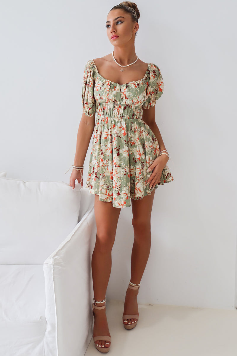 Doria Mini Dress - Green Floral