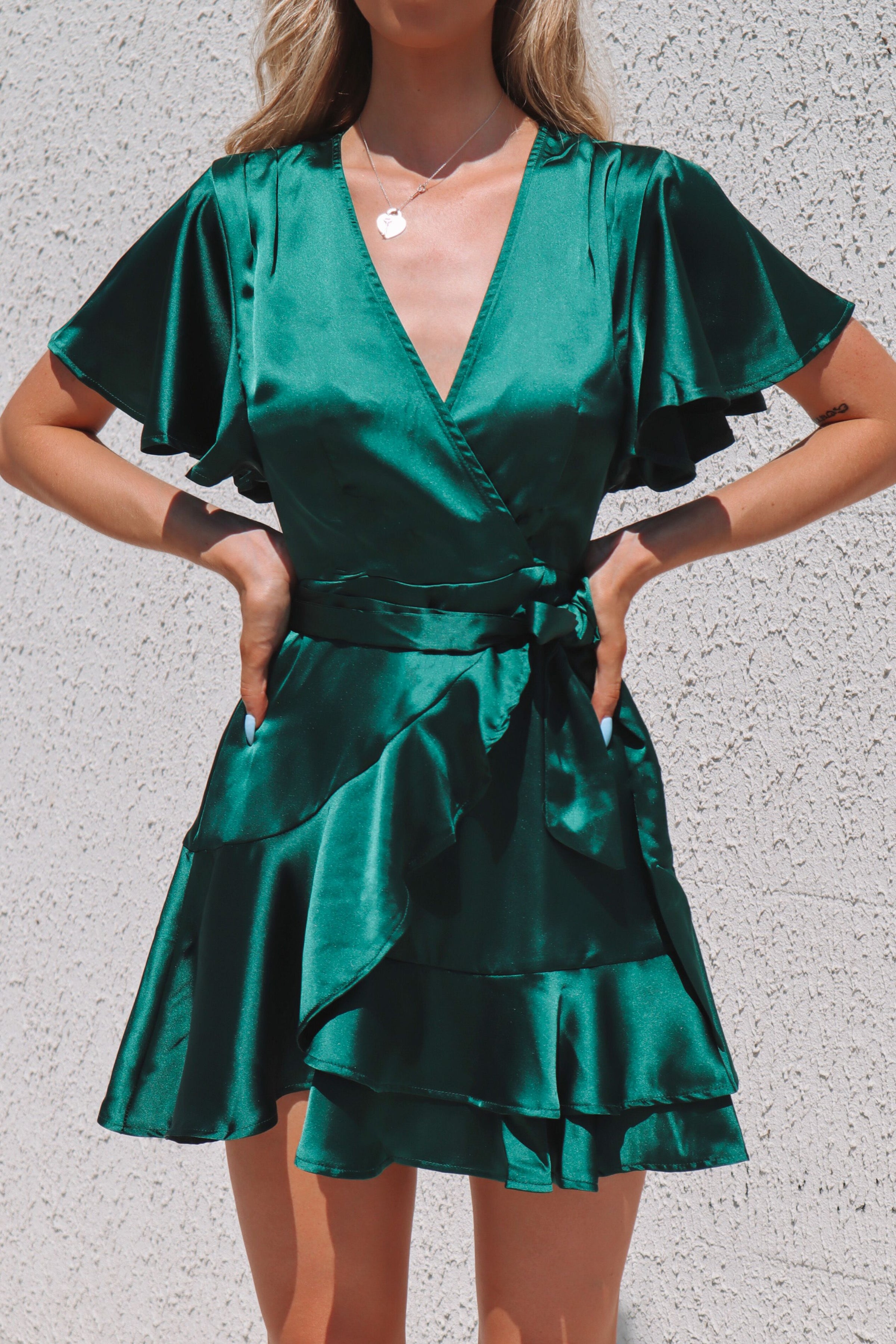 Emerald Green Satin Butterfly Dress Short Semi Formal Cocktail Dress Runway Goddess