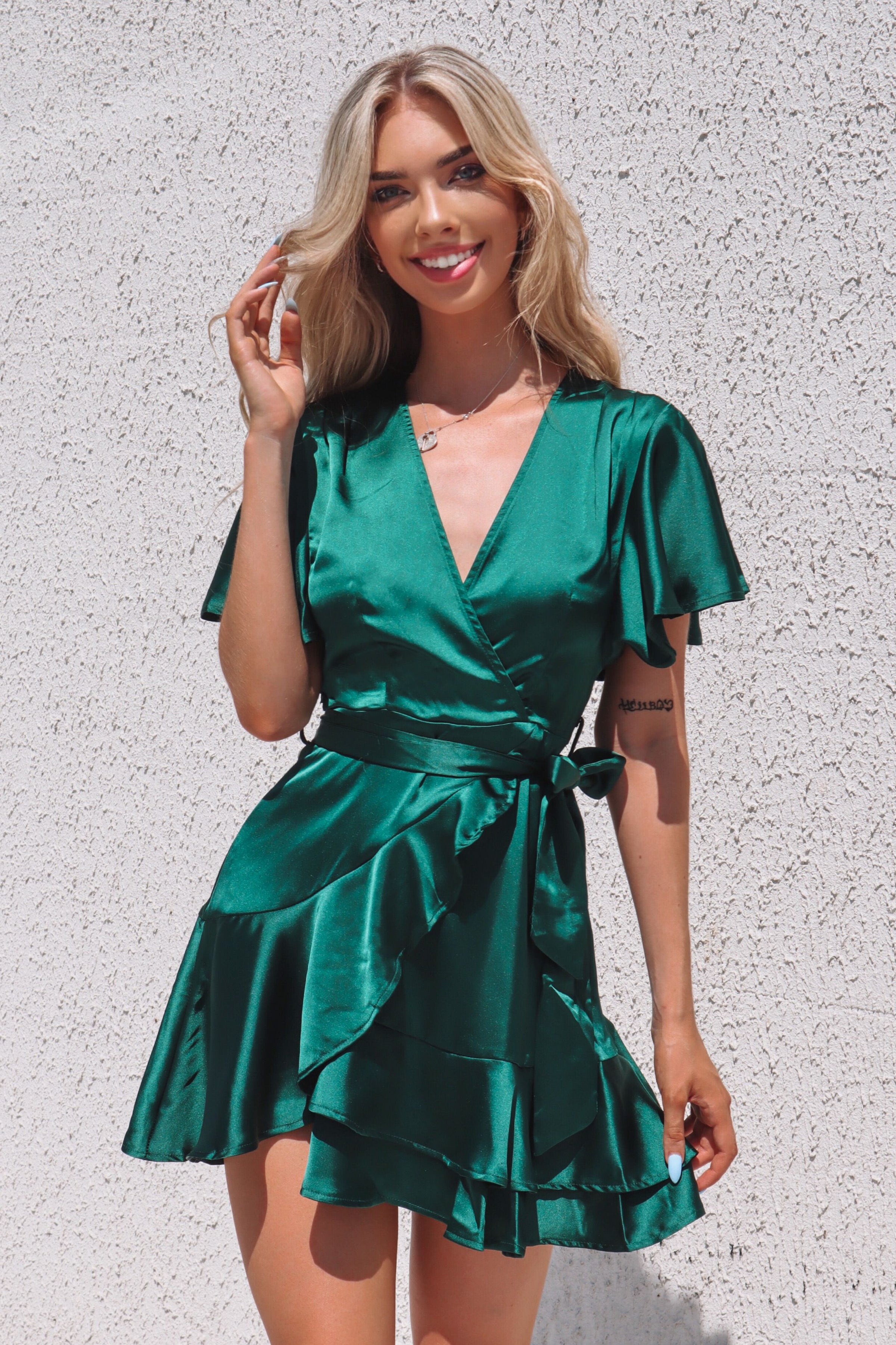 Emerald satin mini dress sale