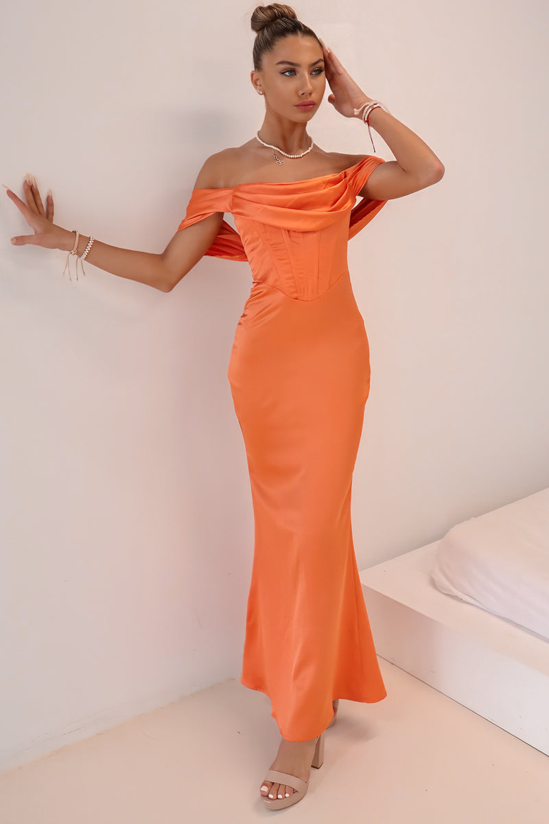 Grazia Formal Dress - Orange Satin Liquid Sexy Maxi Corset Cowl Runway Goddess Grazia Formal Dress - Orange Satin Liquid Sexy Maxi Corset Cowl Runway Goddess