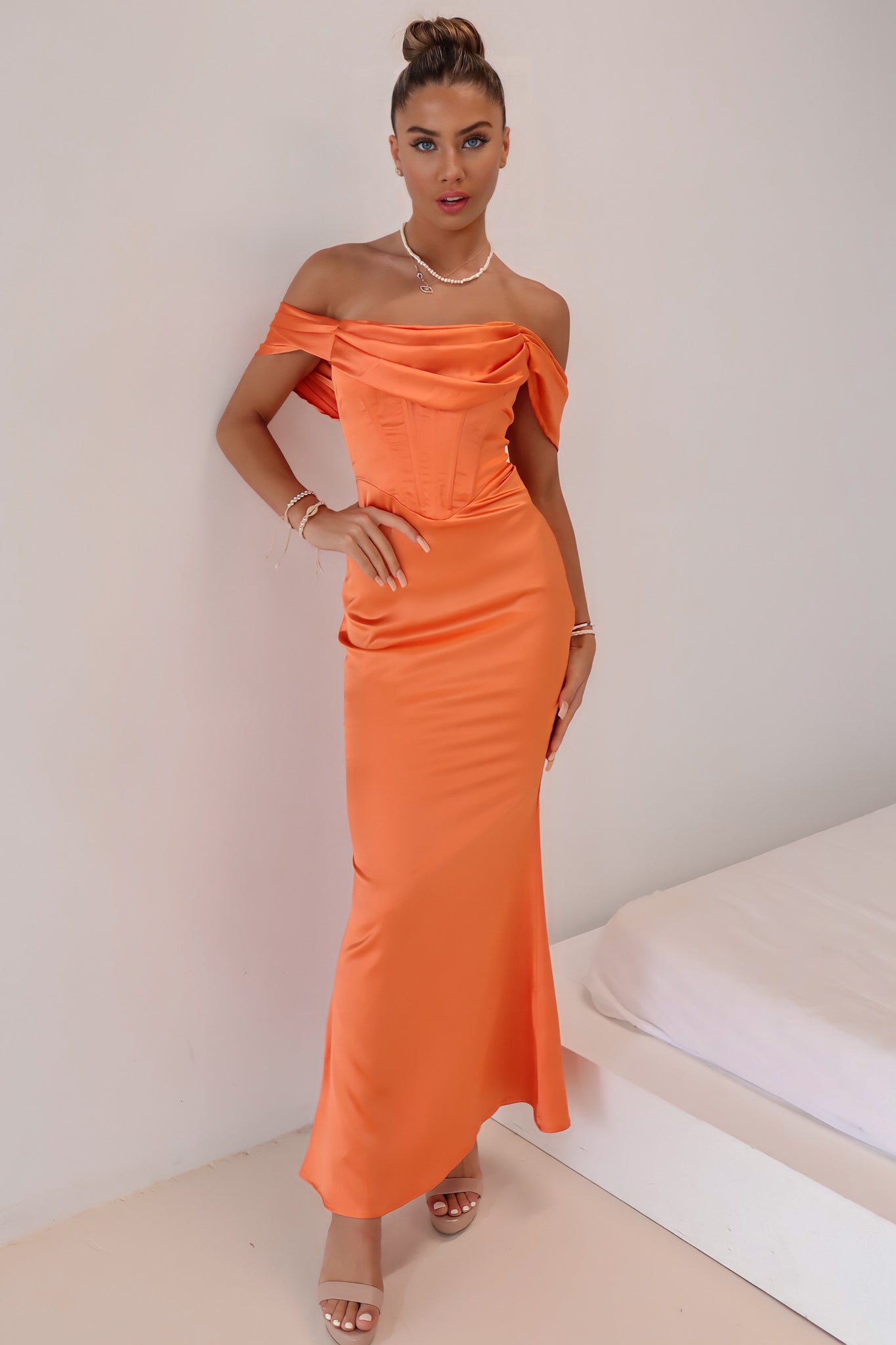 Grazia Formal Dress - Orange Satin Liquid Sexy Maxi Corset Cowl Runway Goddess Grazia Formal Dress - Orange Satin Liquid Sexy Maxi Corset Cowl Runway Goddess