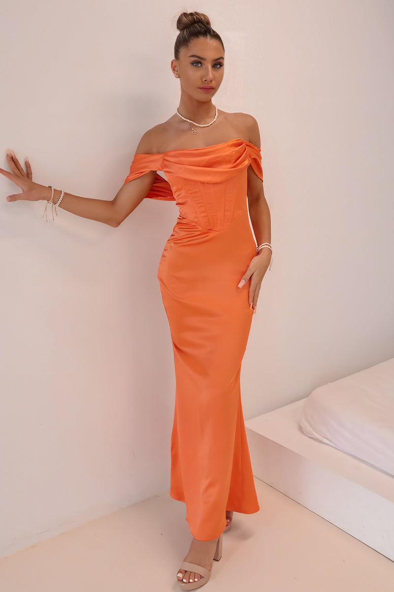 Grazia Formal Dress - Orange Satin Liquid Sexy Maxi Corset Cowl Runway Goddess Grazia Formal Dress - Orange Satin Liquid Sexy Maxi Corset Cowl Runway Goddess
