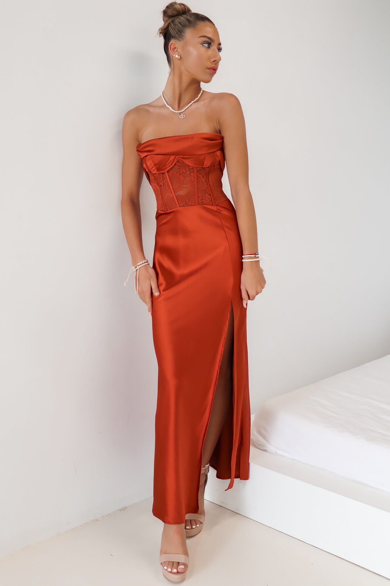 Jolene Formal Gown Rust Brown Strapless Satin Lace Cowl Neck Sexy Dress Runway Goddess