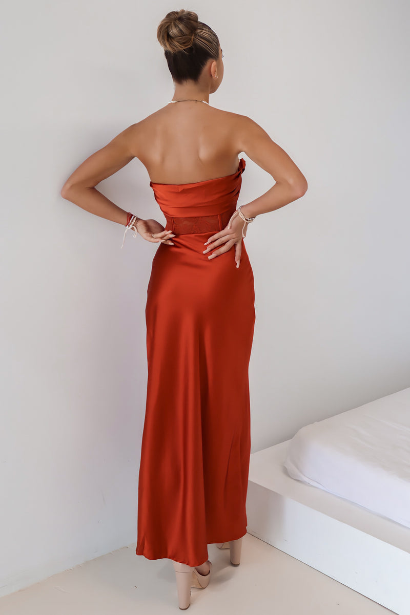 Jolene Formal Gown - Rust Brown Strapless Satin Lace Cowl Neck Sexy Dress Runway Goddess Jolene Formal Gown - Rust Brown Strapless Satin Lace Cowl Neck Sexy Dress Runway Goddess