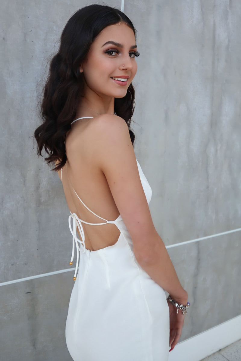 Josephine Midi Dress White Backless Cutout Semi Formal Dress Cocktail – Runway Goddess
