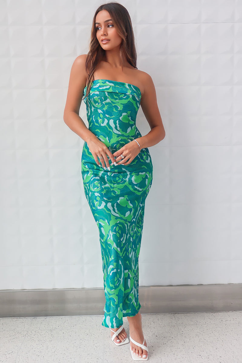 Kyra Maxi Dress Satin Green Print Strapless Semi Formal Dress Cocktail Runway Goddess Kyra Maxi Dress Satin Green Print Strapless Semi Formal Dress Cocktail Runway Goddess