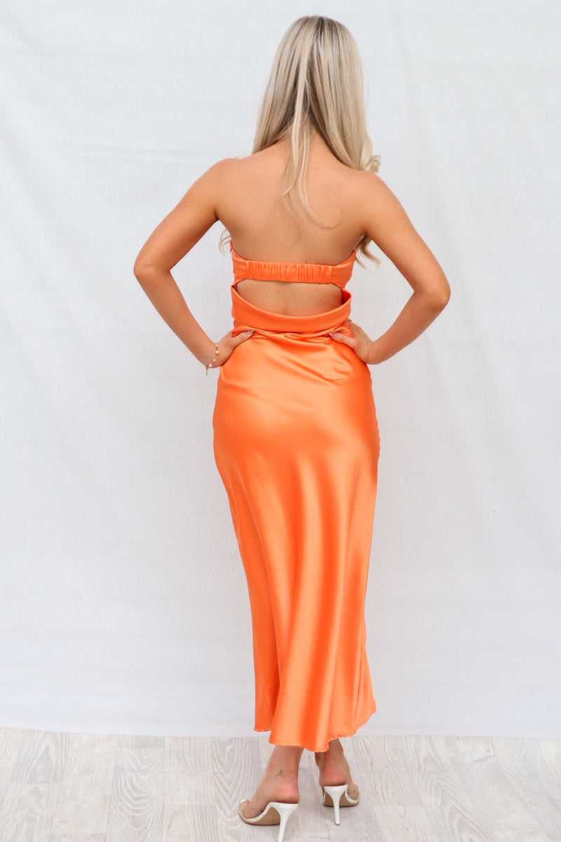 Kyra Maxi Dress Satin Orange Backless Strapless Semi Formal