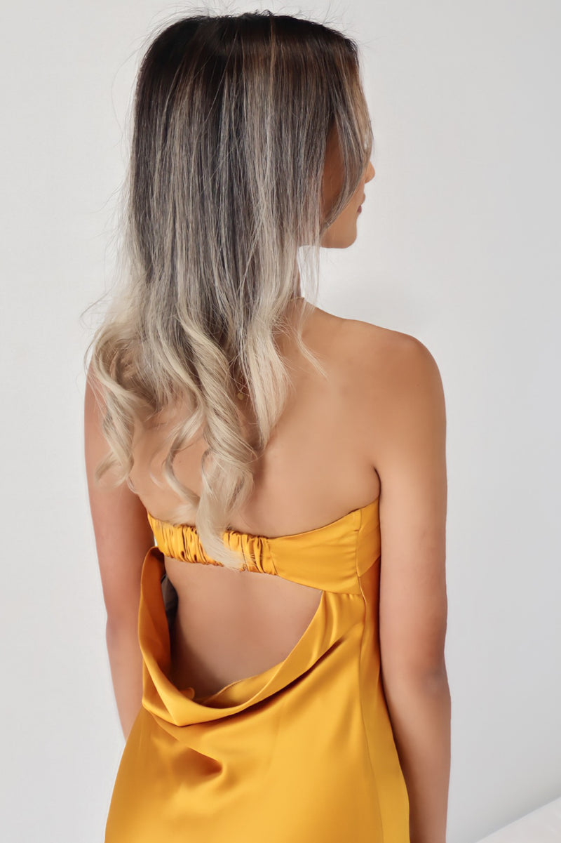 Kyra Maxi Dress Satin Yellow Mustard Strapless Semi Formal Cocktail Runway Goddess Kyra Maxi Dress Satin Yellow Mustard Strapless Semi Formal Cocktail Runway Goddess