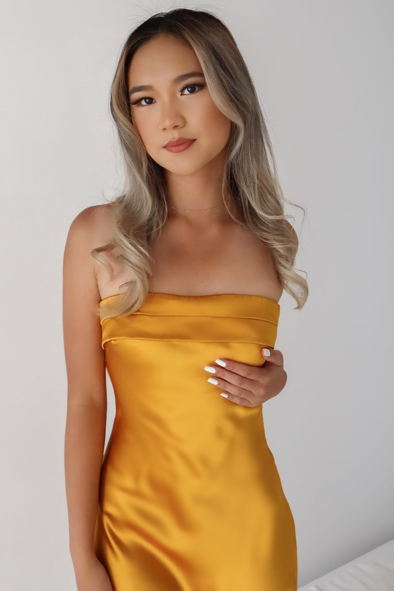 mustard yellow strapless dress Kenna Yellow Satin Strapless Maxi Dress - US 12