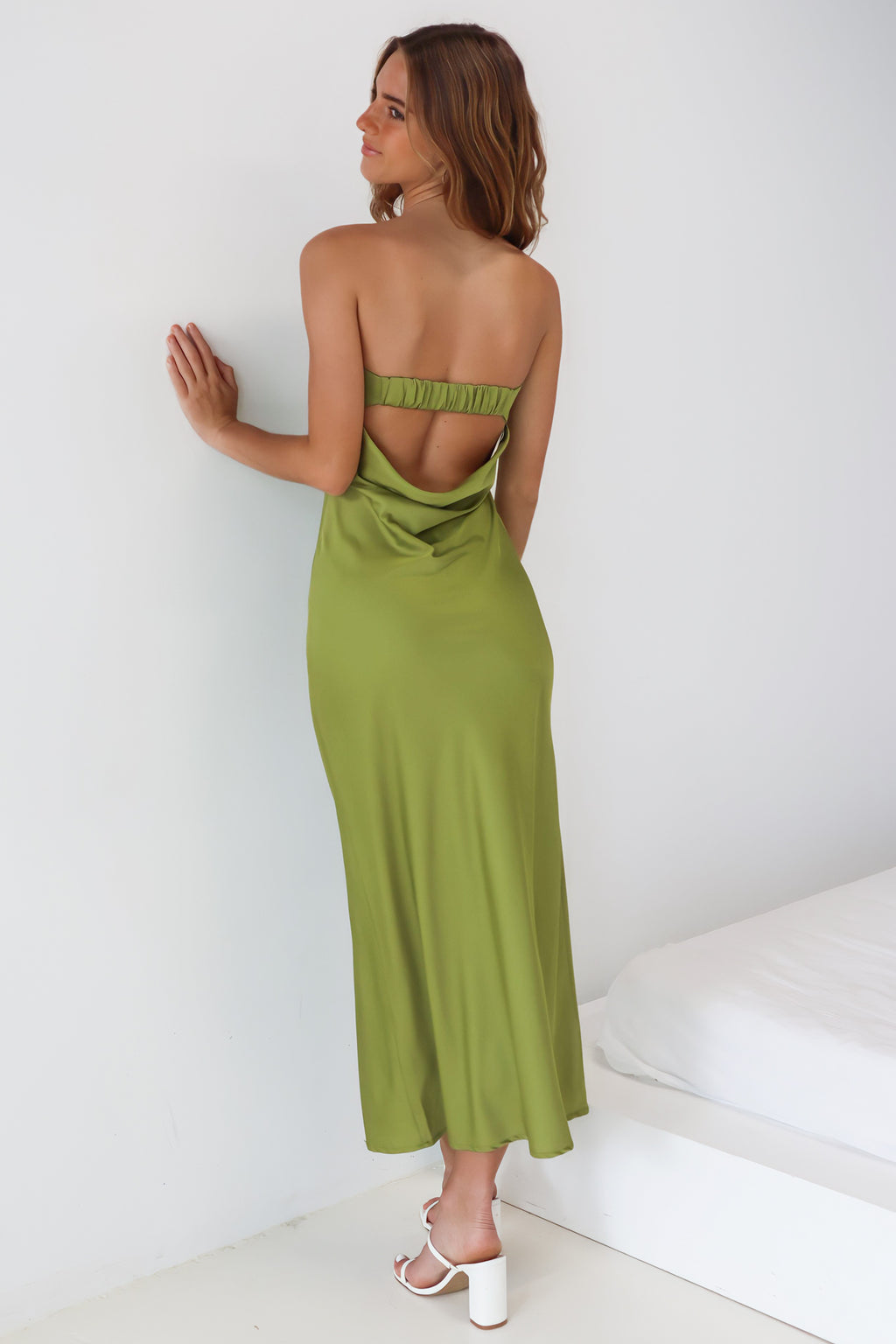 Kyra Maxi Dress Satin Olive Green Strapless Semi Formal Dress Cocktail –  Runway Goddess