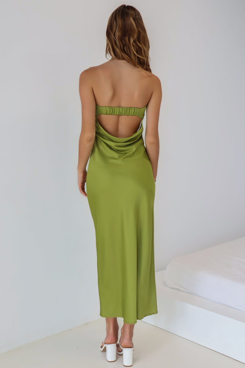 Kyra Maxi Dress Satin Olive Green Strapless Semi Formal Dress