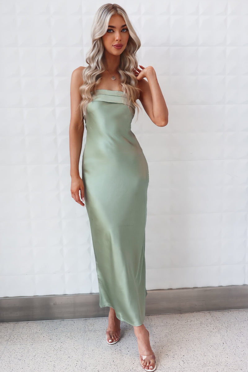 Kyra Maxi Dress Satin Sage Green Strapless Semi Formal Dress Cocktail –  Runway Goddess