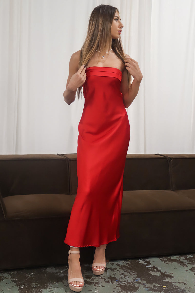 Kyra Maxi Dress Satin Wine Red Strapless Semi Formal Dress Cocktail –  Runway Goddess