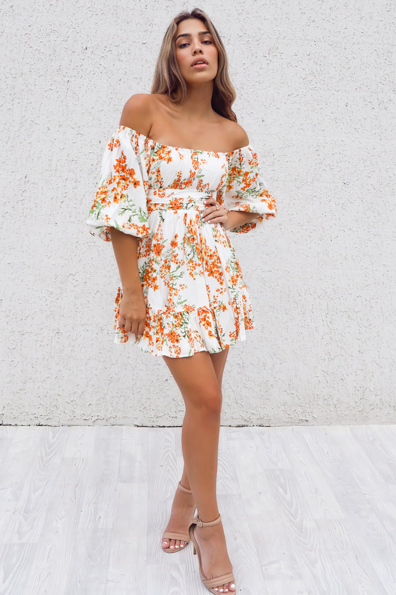 La Lune Dress - Orange Floral Cute Off Shoulder Spring Cocktail Mini Runway Goddess La Lune Dress - Orange Floral Cute Off Shoulder Spring Cocktail Mini Runway Goddess