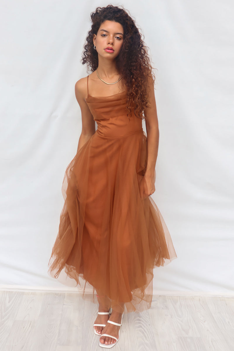 Latisha Tulle Midi Dress - Brown