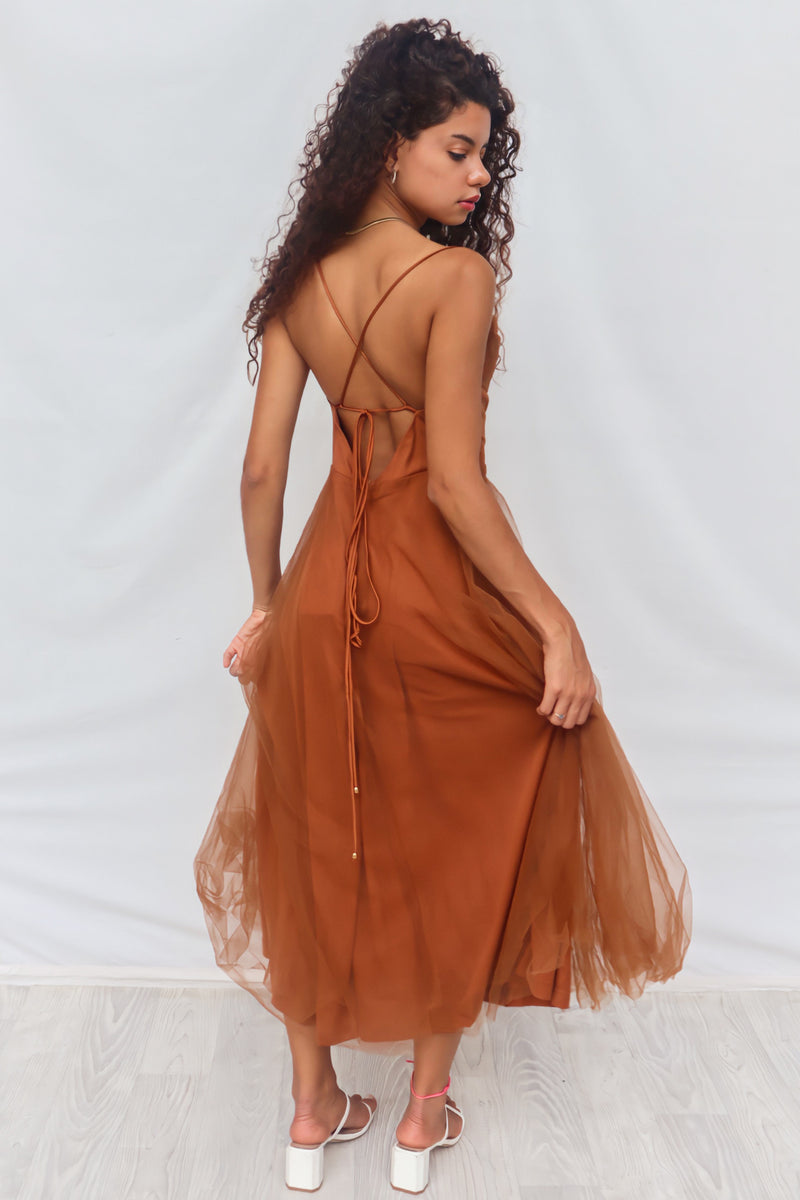 Latisha Tulle Midi Dress - Brown