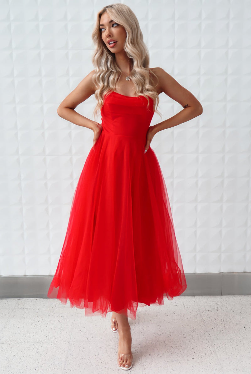 Latisha Tulle Midi Dress - Red