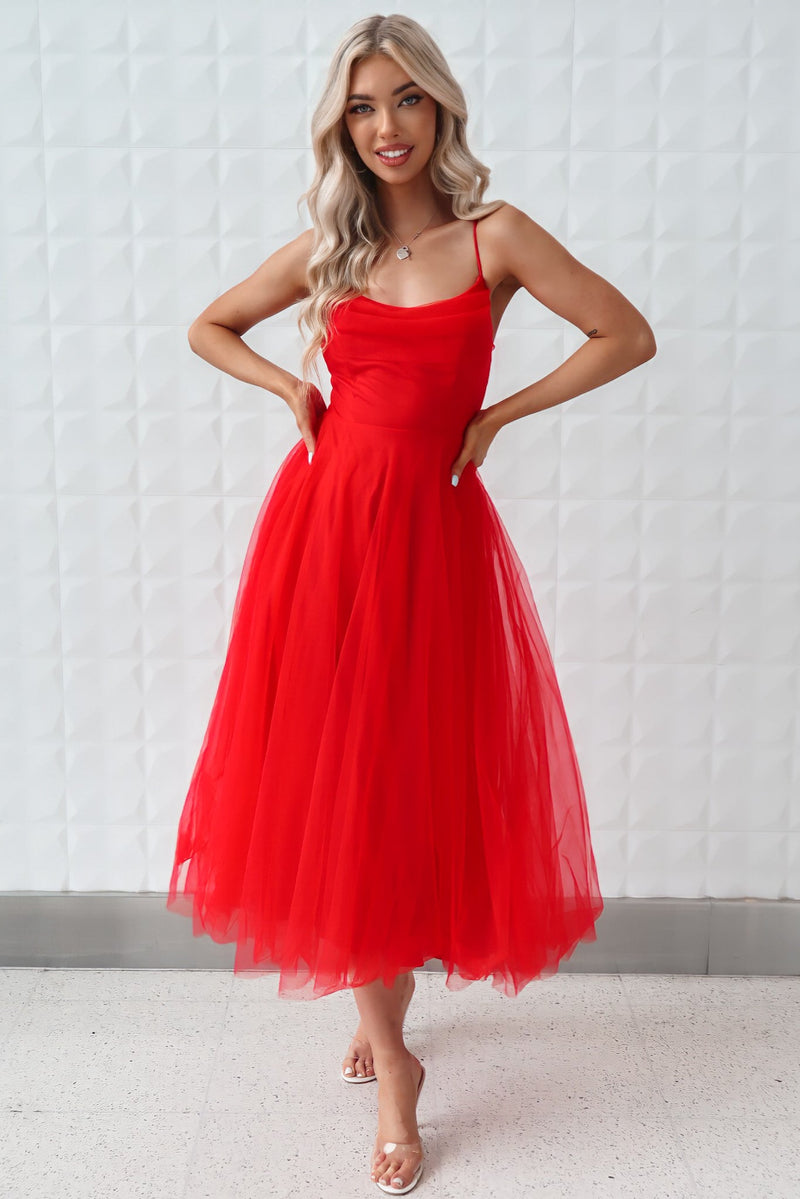 Latisha Tulle Midi Dress - Red