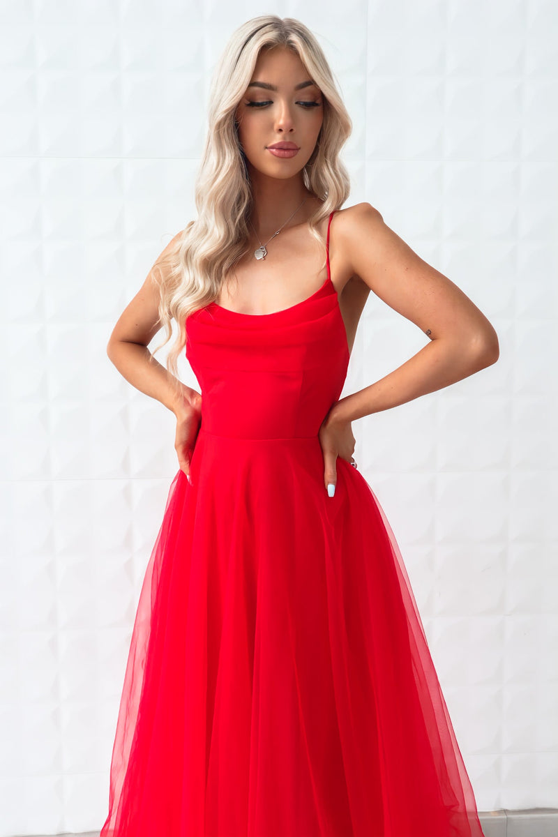 Latisha Tulle Midi Dress - Red