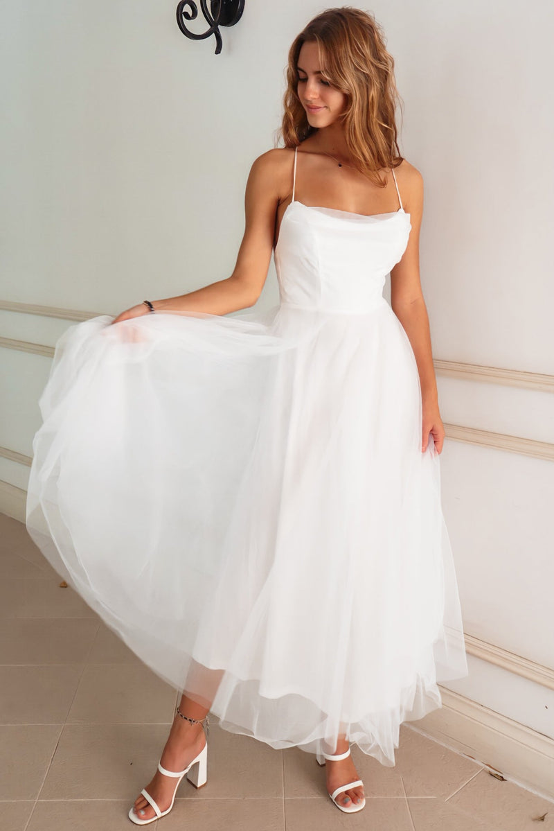 Latisha Tulle Midi - Cute Chic Backless Tulle Formal White Dress – Runway  Goddess