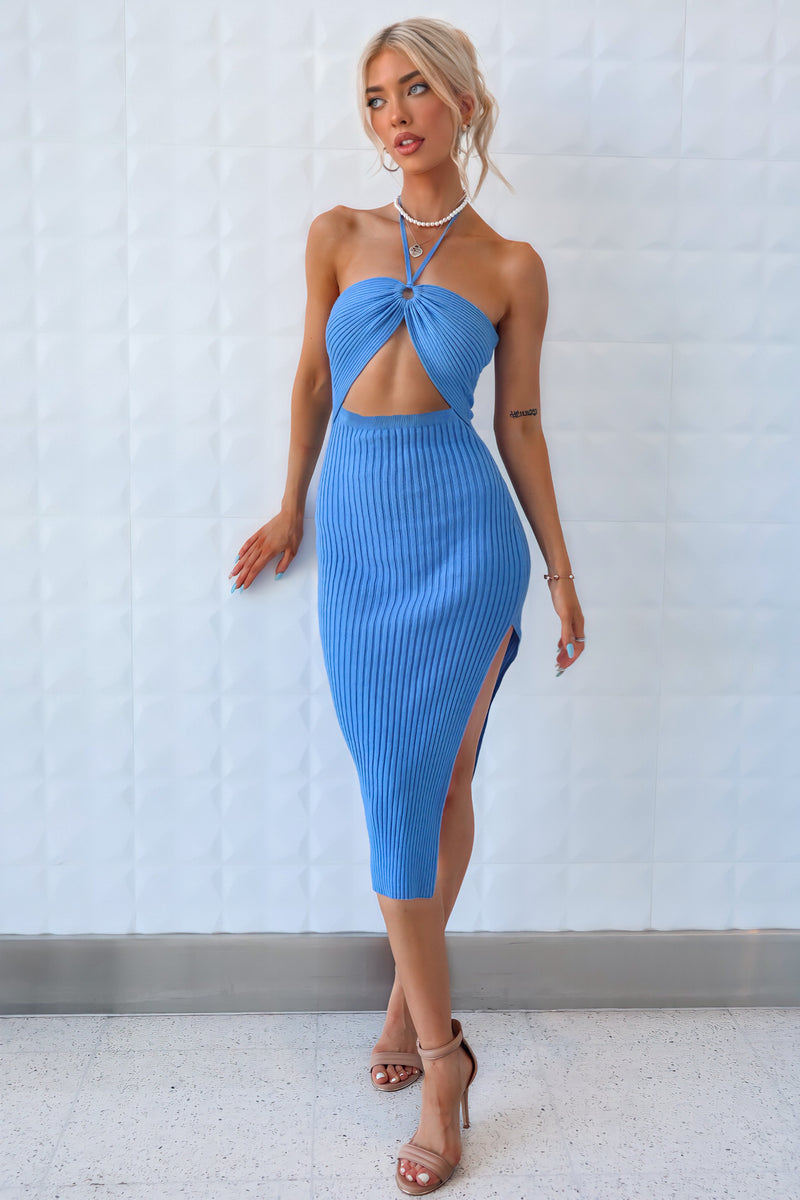 Malibu Midi Dress - Blue Knit Halter Bust Cutout Semi Formal Bodycon Runway Goddess Malibu Midi Dress - Blue Knit Halter Bust Cutout Semi Formal Bodycon Runway Goddess
