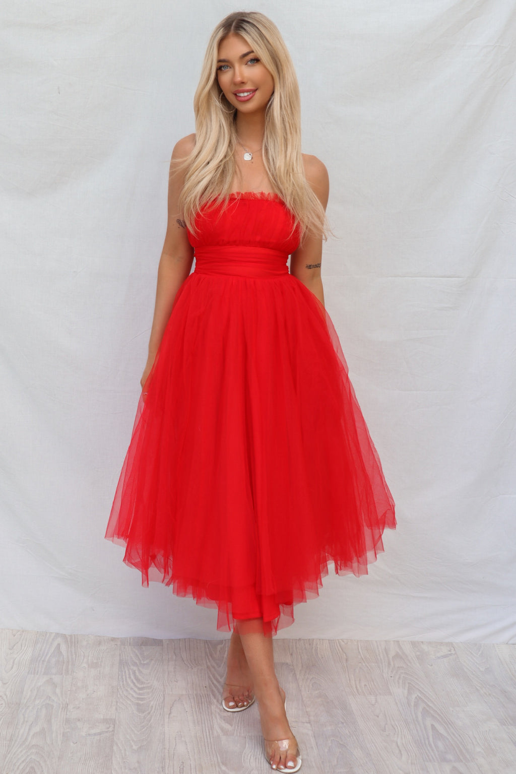 Maria Tulle Midi Dress - Red